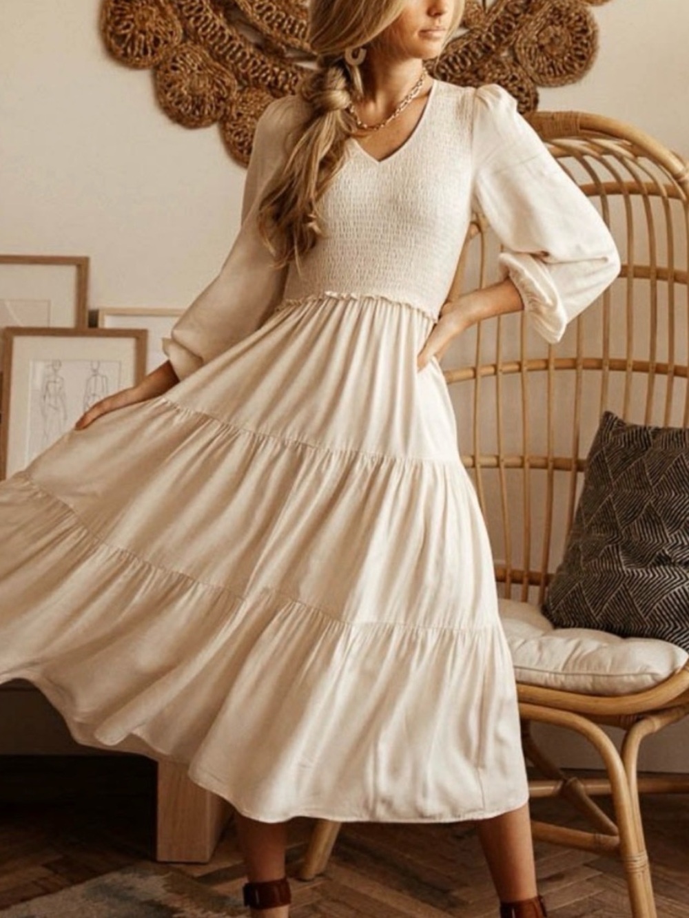 Smocked V-Neck Tiered Midi Dress - Cream